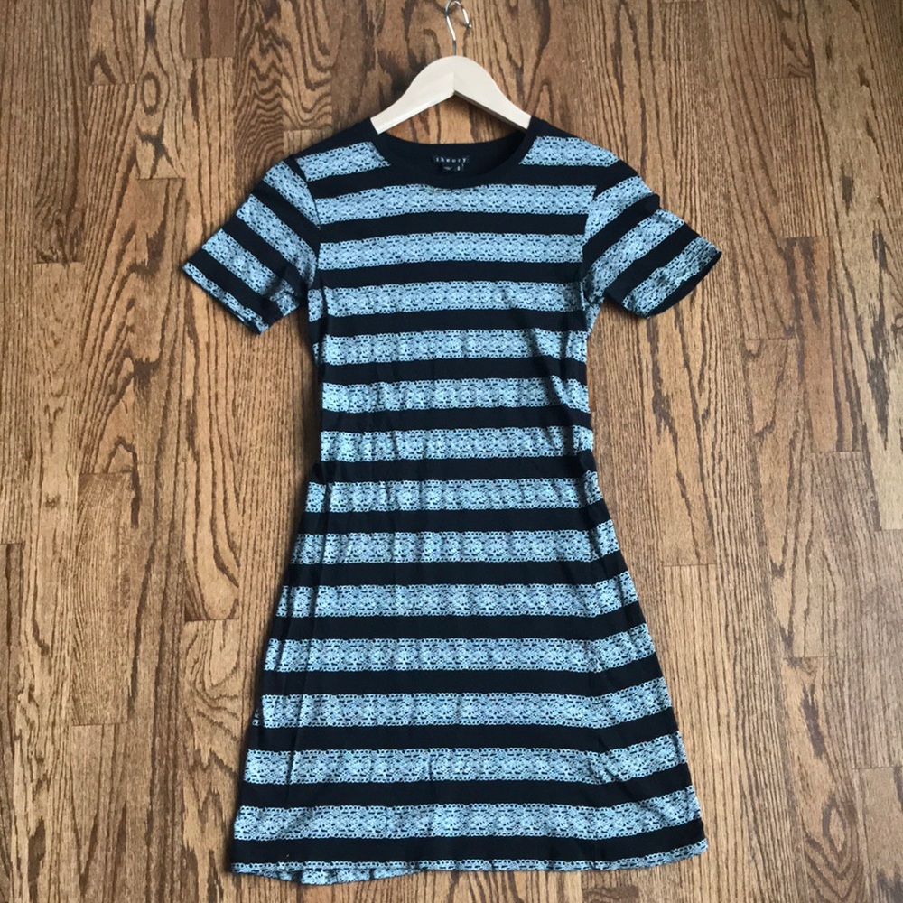 Theory Black & White Striped Cotton Mini Dress